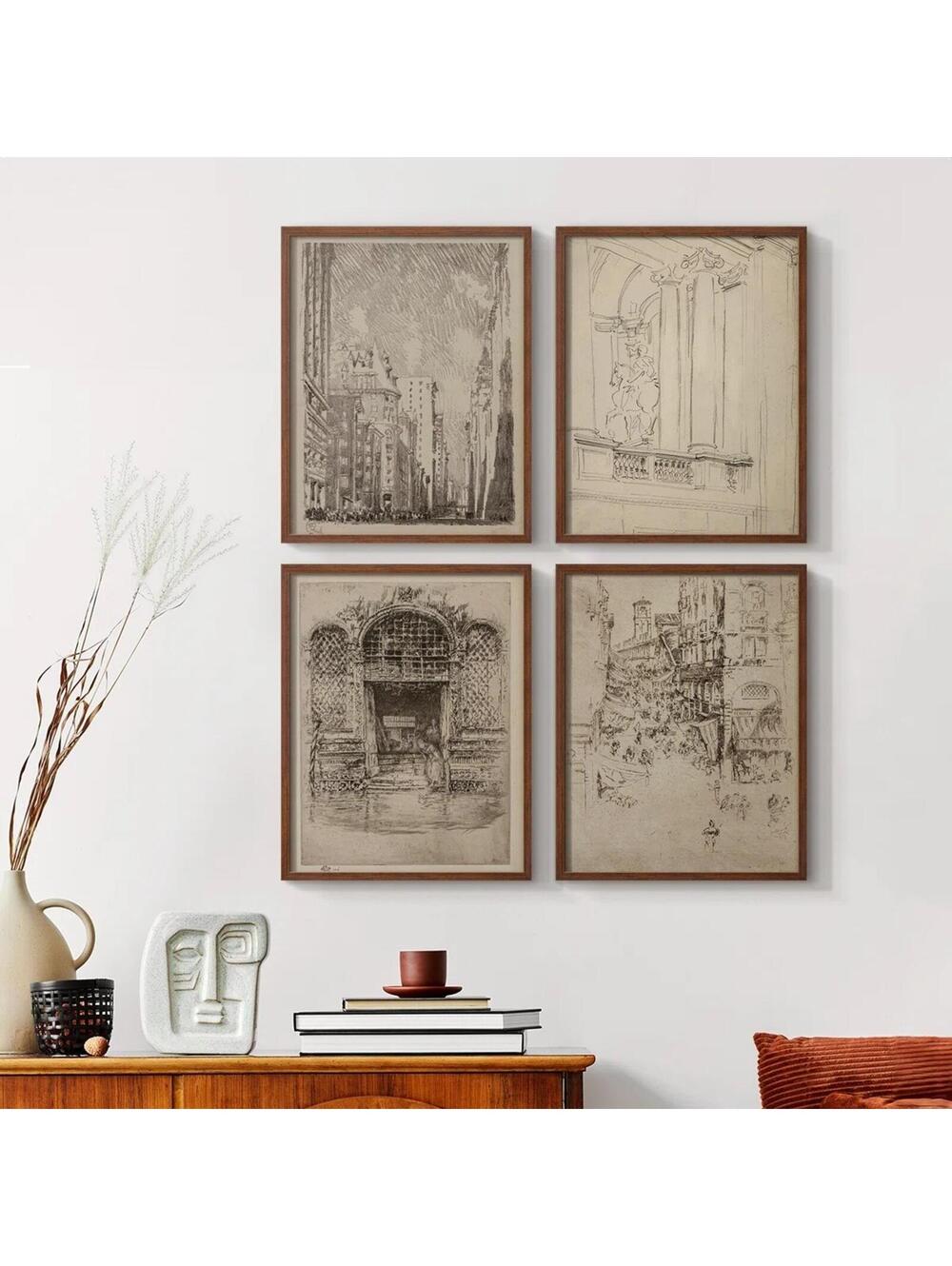 Vintage Sketch LXXX Framed Print - Set of 4 14" x 44" Natural Frame Color